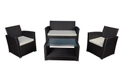 Modern Outdoor Garden, Patio 4 Piece Set – Wicker Sofa Furniture Set (Black / Ivory)