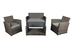 Modern Outdoor Garden, Patio 4 Piece Set – Wicker Sofa Furniture Set (Grey / Grey)