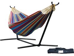 Vivere Double Hammock with Space-Saving Steel Stand, Tropical