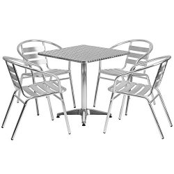 Flash Furniture 27.5” Square Aluminum Indoor-Outdoor Table Set with 4 Slat Back Chairs