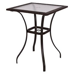 Tangkula Patio Table with Shower Glass Top, Rattan Wicker Square Bar Table Garden Outdoor Yard