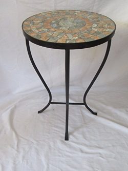 Brown / Rock Stone Mosaic Black Iron Outdoor Accent Table 21″H