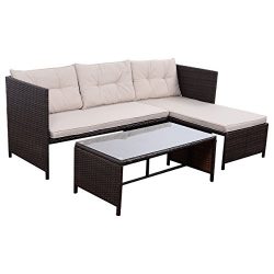 Tangkula 3 PCS Outdoor Rattan Furniture Sofa Set Lounge Chaise Cushioned Patio Garden