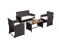 Do4U Outdoor Patio Furniture Set 4 Pcs PE Rattan Wicker Garden Sofa and Chairs Set with Beige Cu ...