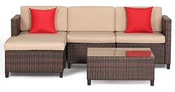 OUTROAD 5 Piece Wicker Sectional Sofa Set – All Weather Brown Striped Wicker Patio Furnitu ...