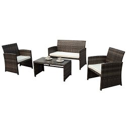 PATIOROMA 4pc Rattan Sectional Furniture Set with Cream White Seat Cushions, Outdoor PE Wicker, Gray