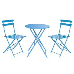 HollyHOME Outdoor Balcony Folding Steel Bistro Furniture Sets, Patio 3-Piece of Foldable Table a ...