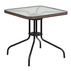 Flash Furniture 28” Square Tempered Glass Metal Table with Dark Brown Rattan Edging