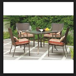 Mainstays Alexandra Square 5-Piece Patio Dining Set, Red Stripe with Butterflies, Seats 4