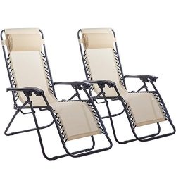 Set of 2 Zero Gravity Chairs Lounge Patio Chairs Outdoor Yard Beach (Tan)