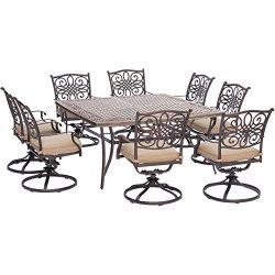 Hanover Traditions 9 Piece Square Dining Set with Swivel Dining Chairs and a Large Dining Table, ...
