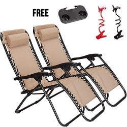 IdealchoiceProduct 2-Pack Tan Color Zero Gravity Outdoor Lounge Chairs Patio Adjustable Folding  ...