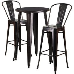 Flash Furniture 24” Round Black-Antique Gold Metal Indoor-Outdoor Bar Table Set with 2 Caf ...