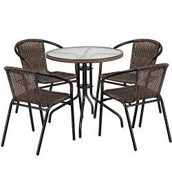 Flash Furniture 28” Round Glass Metal Table with Dark Brown Rattan Edging and 4 Dark Brown ...