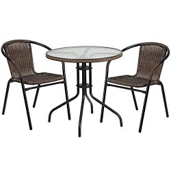 Flash Furniture 28” Round Glass Metal Table with Dark Brown Rattan Edging and 2 Dark Brown ...