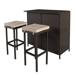 Cloud Mountain 3 PC Patio Bar Set Outdoor Garden Backyard Rattan Bar Table 2 Stools Barstool Fur ...