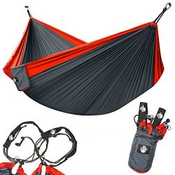 Legit Camping Double Hammock with Nylon Straps and Steel Carabiners – Red / Grey