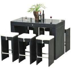 Outsunny 7 Piece Outdoor Rattan Wicker Bar Pub Table & Chairs Patio Dining Set – Black