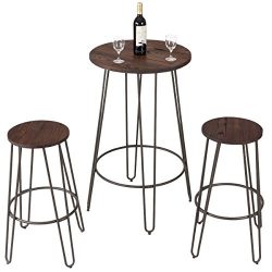Costway 3 Pieces Bar Table Set with 2 Stools Round Height Steel Pub Dining Bistro Table Set Coffee