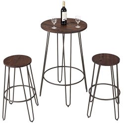 Costway 3 Pieces Bar Table Set with 2 Stools Round Height Steel Pub Dining Bistro Table Set Coffee