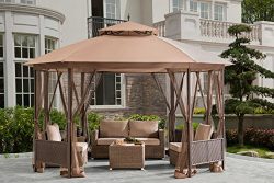 Sunjoy Octagonal Patio Softtop Gazebo with Netting,Wicker Pannels,Brown