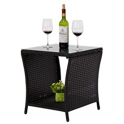 Kinbor Black Outdoor Square Wicker Rattan Side Tea Table w/Glass Top Patio Furniture with Storage