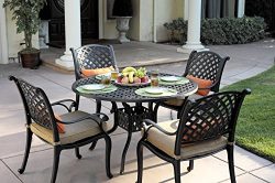 Darlee Nassau Cast Aluminum 5-Piece Dining Set with Seat Cushions and 48-Inch Round Dining Table ...