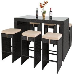 Best Choice Products 7pc Rattan Wicker Barstool Dining Table Set Bar Stool Black