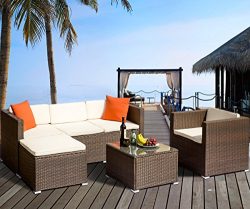 Leisure Zone Rattan Patio Furniture Set Wicker Sofa Cushioned Sectional Furniture Set Garden Pat ...