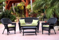 Jeco W00207-G-FS029 4 Piece Wicker Conversation Set with Green Cushions, Black