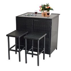 Mcombo 3PCS Black Wicker Bar Set Patio Outdoor Table & 2 Stools Furniture Steel 6088-1200