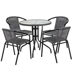 Flash Furniture 28” Round Glass Metal Table with Gray Rattan Edging and 4 Gray Rattan Stac ...