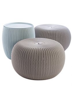 Keter 3-piece Cozy Urban Knit Furniture Set, Compact Indoor/Outdoor Table and 2 Seating Poufs