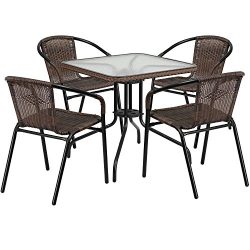 Flash Furniture 28” Square Glass Metal Table with Dark Brown Rattan Edging and 4 Dark Brow ...