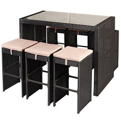 Tangkula 7 PCS Wicker Patio Bar Stool Dining Table Set Outdoor Garden Furniture Sets