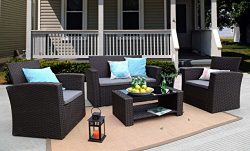 Baner Garden Outdoor Furniture Complete Patio 4Piece Cushion Pe Wicker Rattan Garden Set, (N87-C ...