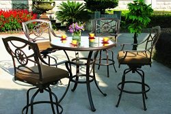 Darlee Ten Star Cast Aluminum 5-Piece Bar Set with Seat Cushions and 42-Inch Glass Top Bar Table ...