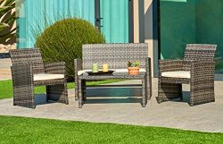 Suncrown Outdoor Furniture Grey Wicker Conversation Set with Glass Top Table (4-Piece Set) All-W ...