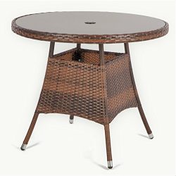 LUCKUP 36″ Patio Outdoor Wicker Rattan Dining Table Tempered Glass Top Umbrella Stand Roun ...