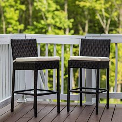 Sundale Outdoor 2 Pcs Brown Wicker Counter Height Bar Stool with Cushions All Weather Patio Furn ...