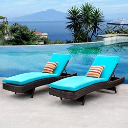 Sundale Outdoor 2PCS Deluxe Patio Adjustable Wicker Chaise Lounge Set with Cushions and 2 Throw  ...