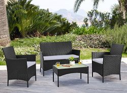 Homewell 4pc Wicker Patio Furniture Set Cushioned Loveseat, Chairs & Table for Dining Lounge ...