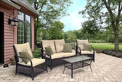 Sol Siesta Clubhouse Collection 4 Piece Conversation Set of Resin Wicker Patio Furniture, Brown