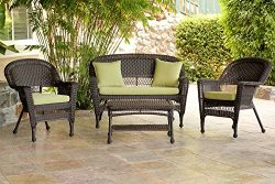 Jeco W00201-G-FS029 4 Piece Wicker Conversation Set with Green Cushions, Espresso