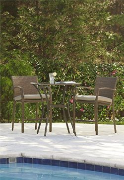 Cosco Outdoor 3 Piece High Top Bistro Lakewood Ranch Steel Woven Wicker Patio Balcony Furniture  ...