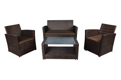 Modern Outdoor Garden, Patio 4 Piece Set – Wicker Sofa Furniture Set (Brown / Brown)