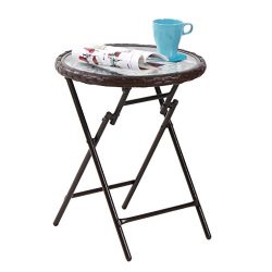 PHI VILLA 18″ Rattan Wicker Patio Side Table with Tempered Glass Tabletop Outdoor Backyard ...