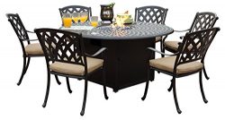 Darlee 201630-7PC-60GD Cast Aluminum 7 Piece Round Propane Firepit Fire Glass Dining Table Set a ...