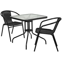 Flash Furniture 28” Square Glass Metal Table with Black Rattan Edging and 2 Black Rattan S ...