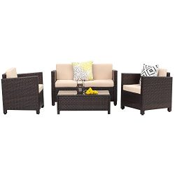 4 Piece Outdoor Patio Furniture Set,Wisteria Lane Garden Rattan Wicker Sofa Cushioned with Coffe ...